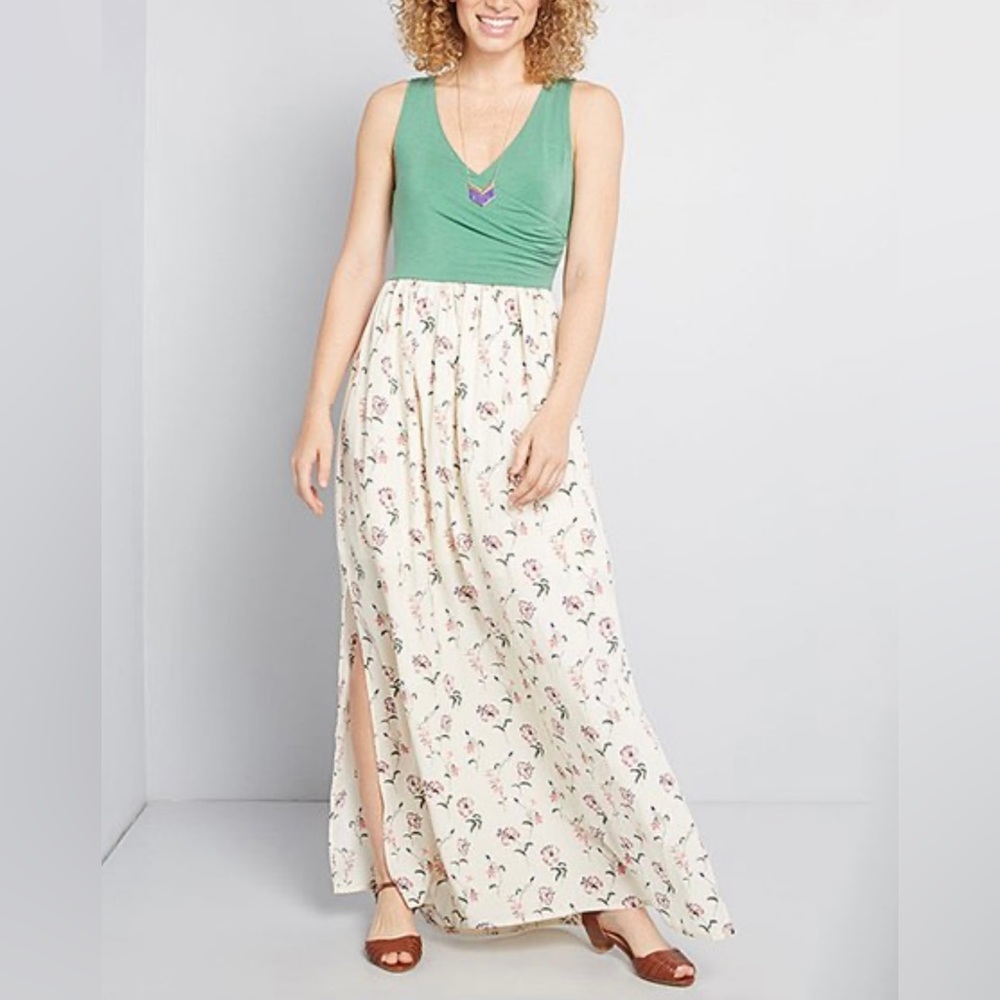 ModCloth Green Floral Boundless Enjoyment Sleeveless Maxi Dress